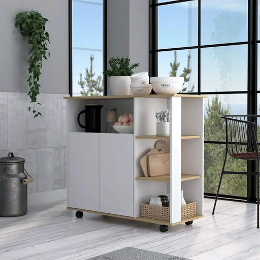 Kitchen Cart 35' H, Four Open Shelves, Double Door Cabinet, Four Casters - Light Oak/White Default -DTYStore