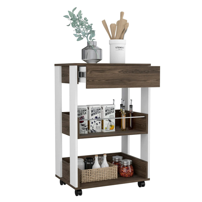 Kitchen Cart Coron with Drawer, Three-Tier Shelves and Casters, White / Dark Walnut Finish Default -DTYStore