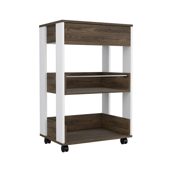 Kitchen Cart Coron with Drawer, Three-Tier Shelves and Casters, White / Dark Walnut Finish Default -DTYStore