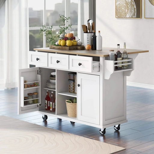 Kitchen Cart with Rubber wood Drop-Leaf Countertop ,Cabinet door internal storage racks,Kitchen Island on 5 Wheels with Storage Cabinet and 3 Drawers for Dinning Room,White Default -DTYStore