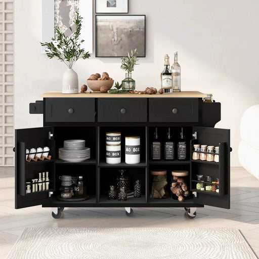 Kitchen Cart with Rubber wood Drop-Leaf Countertop ,Cabinet door internal storage racks,Kitchen Island on 5 Wheels with Storage Cabinet and 3 Drawers for Dinning Room, Black Default -DTYStore