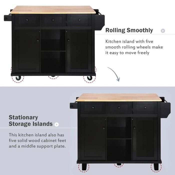 Kitchen Cart with Rubber wood Drop-Leaf Countertop ,Cabinet door internal storage racks,Kitchen Island on 5 Wheels with Storage Cabinet and 3 Drawers for Dinning Room, Black Default -DTYStore