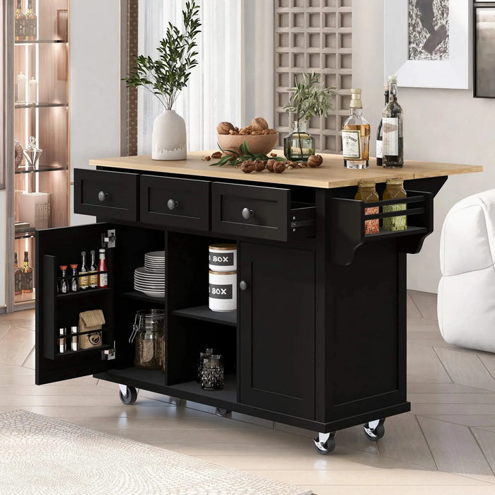 Kitchen Cart with Rubber wood Drop-Leaf Countertop ,Cabinet door internal storage racks,Kitchen Island on 5 Wheels with Storage Cabinet and 3 Drawers for Dinning Room, Black Default -DTYStore