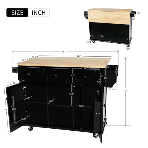 Kitchen Cart with Rubber wood Drop-Leaf Countertop ,Cabinet door internal storage racks,Kitchen Island on 5 Wheels with Storage Cabinet and 3 Drawers for Dinning Room, Black Default -DTYStore