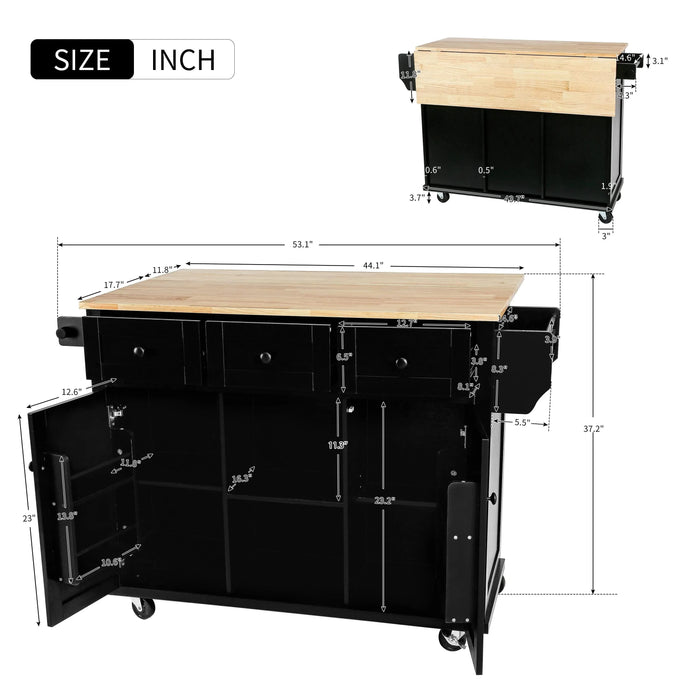 Kitchen Cart with Rubber wood Drop-Leaf Countertop ,Cabinet door internal storage racks,Kitchen Island on 5 Wheels with Storage Cabinet and 3 Drawers for Dinning Room, Black Default -DTYStore