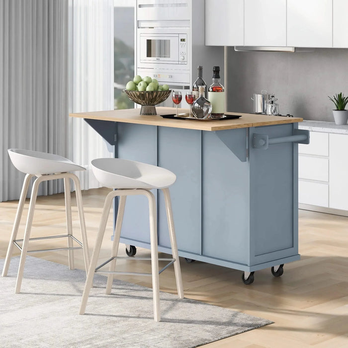 Kitchen Cart with Rubber wood Drop-Leaf Countertop ,Cabinet door internal storage racks,Kitchen Island on 5 Wheels with Storage Cabinet and 3 Drawers for Dinning Room, Grey Blue Default -DTYStore