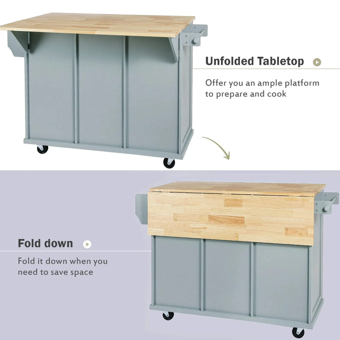 Kitchen Cart with Rubber wood Drop-Leaf Countertop ,Cabinet door internal storage racks,Kitchen Island on 5 Wheels with Storage Cabinet and 3 Drawers for Dinning Room, Grey Blue Default -DTYStore