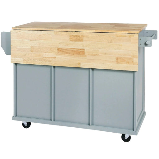 Kitchen Cart with Rubber wood Drop-Leaf Countertop ,Cabinet door internal storage racks,Kitchen Island on 5 Wheels with Storage Cabinet and 3 Drawers for Dinning Room, Grey Blue Default -DTYStore