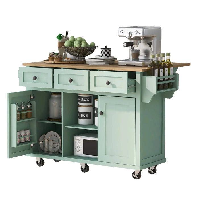 Kitchen Cart with Rubber wood Drop-Leaf Countertop ,Cabinet door internal storage racks,Kitchen Island on 5 Wheels with Storage Cabinet and 3 Drawers for Dinning Room, Mint Green Default -DTYStore