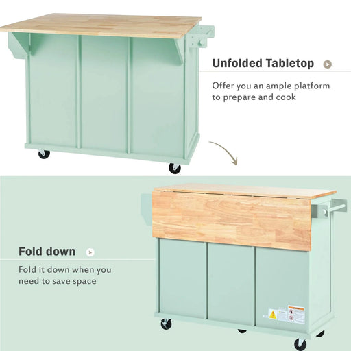 Kitchen Cart with Rubber wood Drop-Leaf Countertop ,Cabinet door internal storage racks,Kitchen Island on 5 Wheels with Storage Cabinet and 3 Drawers for Dinning Room, Mint Green Default -DTYStore