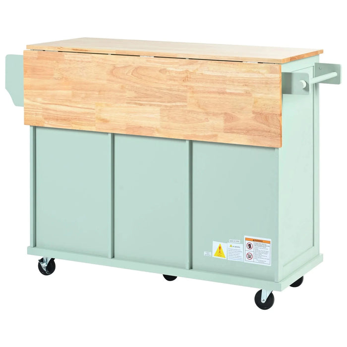 Kitchen Cart with Rubber wood Drop-Leaf Countertop ,Cabinet door internal storage racks,Kitchen Island on 5 Wheels with Storage Cabinet and 3 Drawers for Dinning Room, Mint Green Default -DTYStore