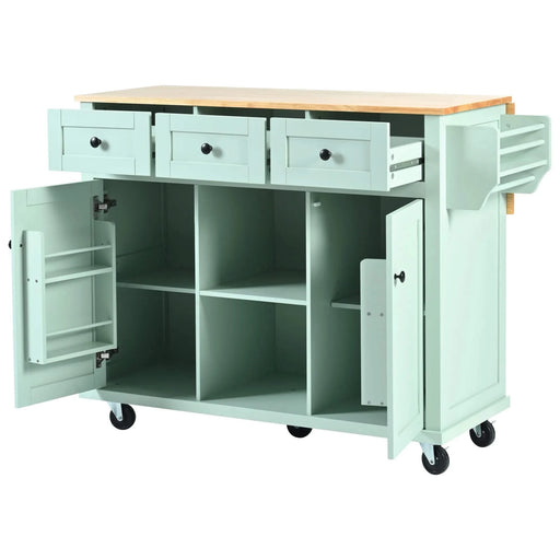 Kitchen Cart with Rubber wood Drop-Leaf Countertop ,Cabinet door internal storage racks,Kitchen Island on 5 Wheels with Storage Cabinet and 3 Drawers for Dinning Room, Mint Green Default -DTYStore