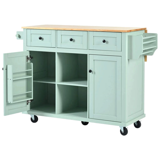 Kitchen Cart with Rubber wood Drop-Leaf Countertop ,Cabinet door internal storage racks,Kitchen Island on 5 Wheels with Storage Cabinet and 3 Drawers for Dinning Room, Mint Green Default -DTYStore