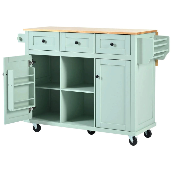Kitchen Cart with Rubber wood Drop-Leaf Countertop ,Cabinet door internal storage racks,Kitchen Island on 5 Wheels with Storage Cabinet and 3 Drawers for Dinning Room, Mint Green Default -DTYStore