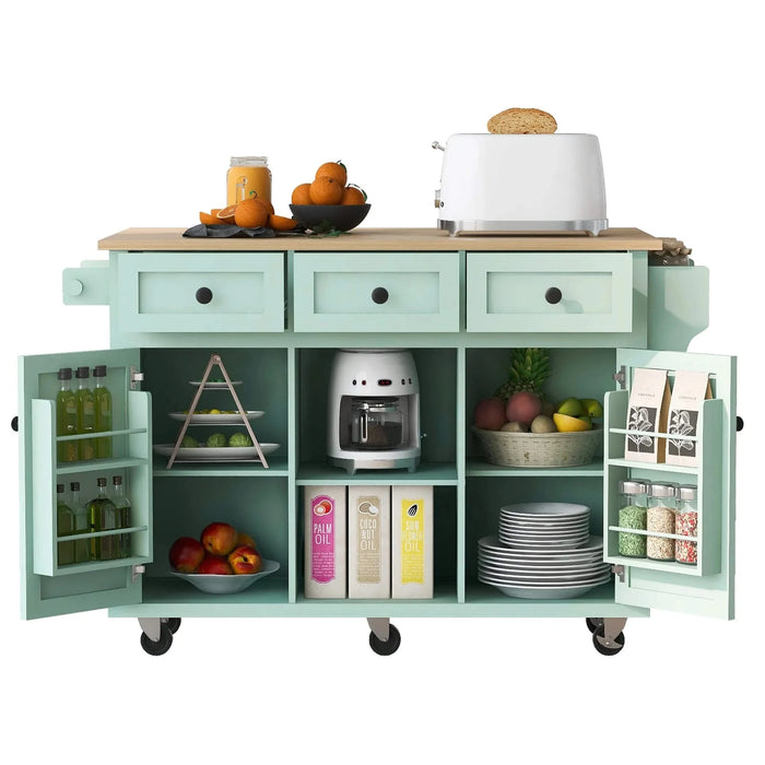 Kitchen Cart with Rubber wood Drop-Leaf Countertop ,Cabinet door internal storage racks,Kitchen Island on 5 Wheels with Storage Cabinet and 3 Drawers for Dinning Room, Mint Green Default -DTYStore
