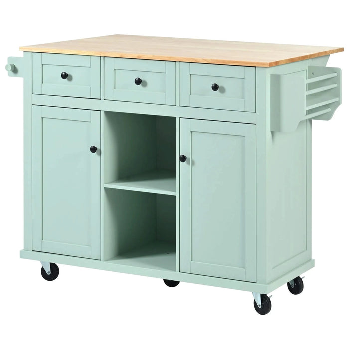 Kitchen Cart with Rubber wood Drop-Leaf Countertop ,Cabinet door internal storage racks,Kitchen Island on 5 Wheels with Storage Cabinet and 3 Drawers for Dinning Room, Mint Green Default -DTYStore