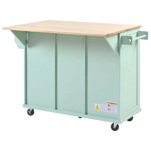 Kitchen Cart with Rubber wood Drop-Leaf Countertop ,Cabinet door internal storage racks,Kitchen Island on 5 Wheels with Storage Cabinet and 3 Drawers for Dinning Room, Mint Green Default -DTYStore