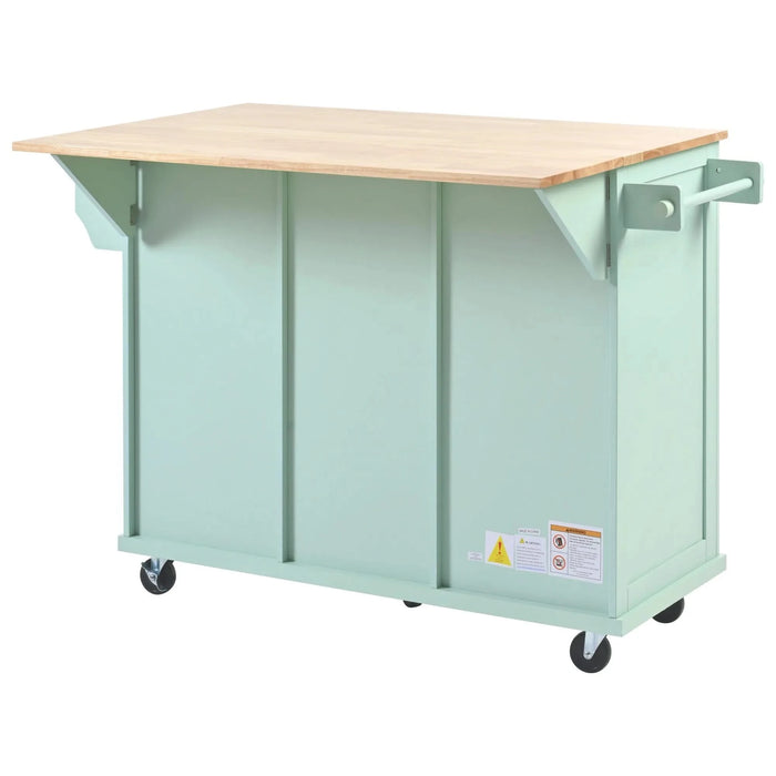 Kitchen Cart with Rubber wood Drop-Leaf Countertop ,Cabinet door internal storage racks,Kitchen Island on 5 Wheels with Storage Cabinet and 3 Drawers for Dinning Room, Mint Green Default -DTYStore