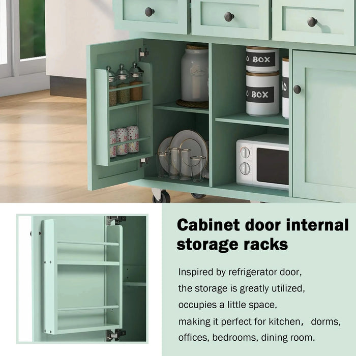 Kitchen Cart with Rubber wood Drop-Leaf Countertop ,Cabinet door internal storage racks,Kitchen Island on 5 Wheels with Storage Cabinet and 3 Drawers for Dinning Room, Mint Green Default -DTYStore