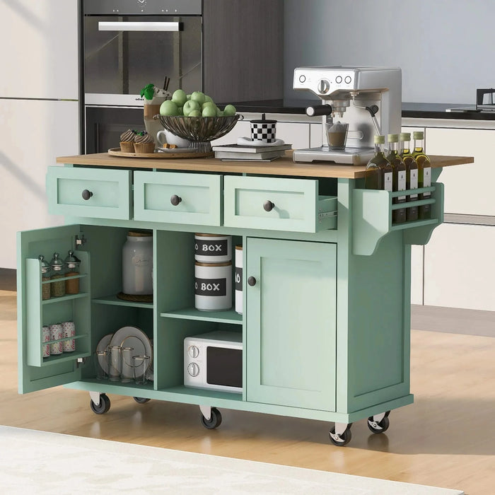 Kitchen Cart with Rubber wood Drop-Leaf Countertop ,Cabinet door internal storage racks,Kitchen Island on 5 Wheels with Storage Cabinet and 3 Drawers for Dinning Room, Mint Green Default -DTYStore