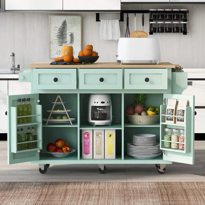 Kitchen Cart with Rubber wood Drop-Leaf Countertop ,Cabinet door internal storage racks,Kitchen Island on 5 Wheels with Storage Cabinet and 3 Drawers for Dinning Room, Mint Green Default -DTYStore