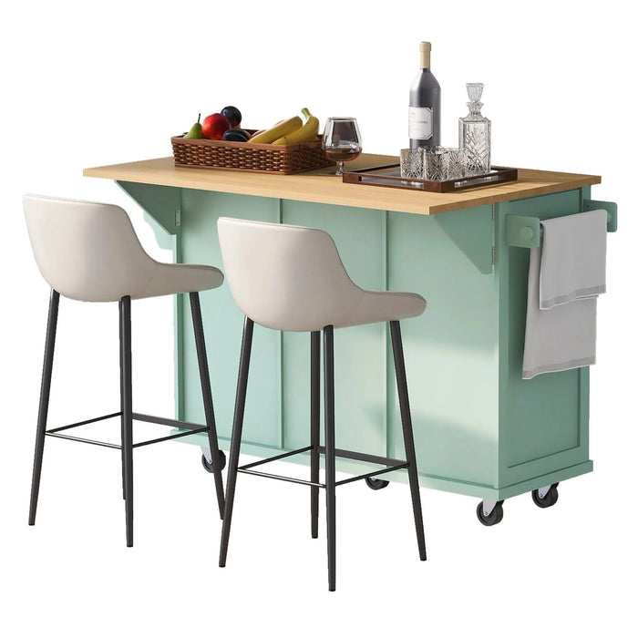 Kitchen Cart with Rubber wood Drop-Leaf Countertop ,Cabinet door internal storage racks,Kitchen Island on 5 Wheels with Storage Cabinet and 3 Drawers for Dinning Room, Mint Green Default -DTYStore