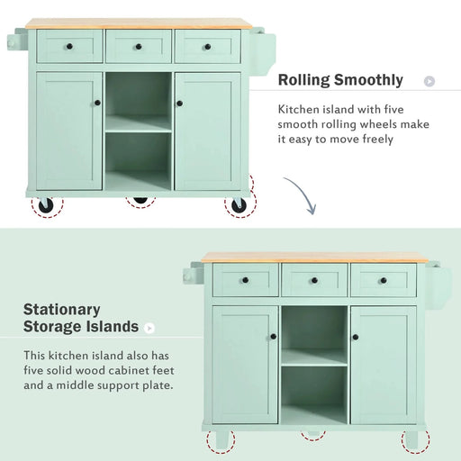 Kitchen Cart with Rubber wood Drop-Leaf Countertop ,Cabinet door internal storage racks,Kitchen Island on 5 Wheels with Storage Cabinet and 3 Drawers for Dinning Room, Mint Green Default -DTYStore