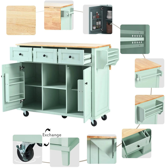 Kitchen Cart with Rubber wood Drop-Leaf Countertop ,Cabinet door internal storage racks,Kitchen Island on 5 Wheels with Storage Cabinet and 3 Drawers for Dinning Room, Mint Green Default -DTYStore