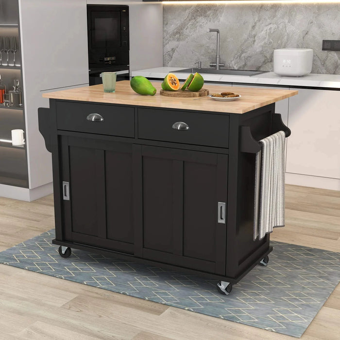 Kitchen Cart with Rubber wood Drop-Leaf Countertop, Concealed sliding barn door adjustable height,Kitchen Island on 4 Wheels with Storage Cabinet and 2 Drawers,L52.2xW30.5xH36.6 inch, Black Default -DTYStore
