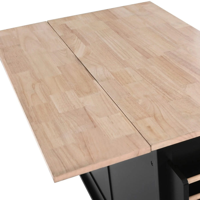 Kitchen Cart with Rubber wood Drop-Leaf Countertop, Concealed sliding barn door adjustable height,Kitchen Island on 4 Wheels with Storage Cabinet and 2 Drawers,L52.2xW30.5xH36.6 inch, Black Default -DTYStore