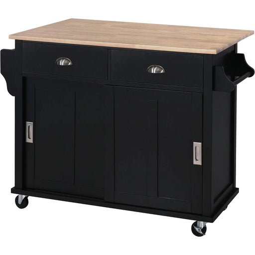 Kitchen Cart with Rubber wood Drop-Leaf Countertop, Concealed sliding barn door adjustable height,Kitchen Island on 4 Wheels with Storage Cabinet and 2 Drawers,L52.2xW30.5xH36.6 inch, Black Default -DTYStore