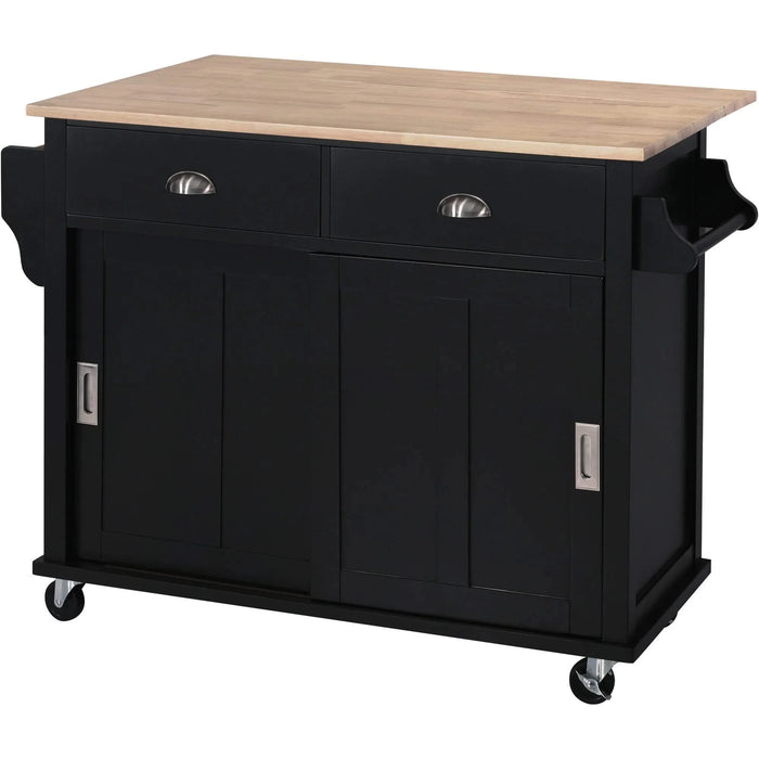 Kitchen Cart with Rubber wood Drop-Leaf Countertop, Concealed sliding barn door adjustable height,Kitchen Island on 4 Wheels with Storage Cabinet and 2 Drawers,L52.2xW30.5xH36.6 inch, Black Default -DTYStore