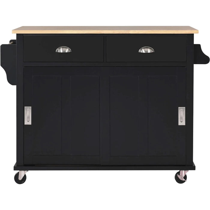 Kitchen Cart with Rubber wood Drop-Leaf Countertop, Concealed sliding barn door adjustable height,Kitchen Island on 4 Wheels with Storage Cabinet and 2 Drawers,L52.2xW30.5xH36.6 inch, Black Default -DTYStore