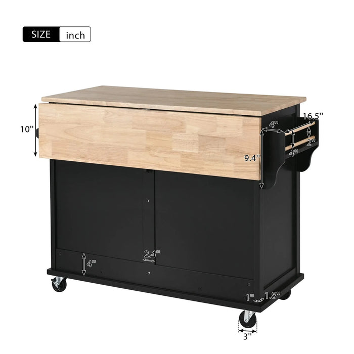 Kitchen Cart with Rubber wood Drop-Leaf Countertop, Concealed sliding barn door adjustable height,Kitchen Island on 4 Wheels with Storage Cabinet and 2 Drawers,L52.2xW30.5xH36.6 inch, Black Default -DTYStore