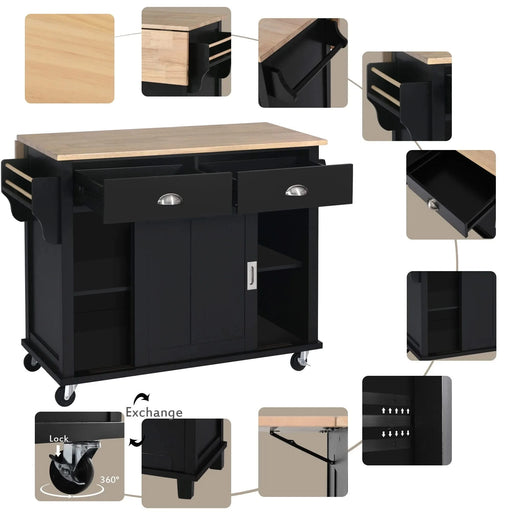Kitchen Cart with Rubber wood Drop-Leaf Countertop, Concealed sliding barn door adjustable height,Kitchen Island on 4 Wheels with Storage Cabinet and 2 Drawers,L52.2xW30.5xH36.6 inch, Black Default -DTYStore