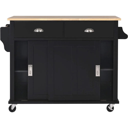 Kitchen Cart with Rubber wood Drop-Leaf Countertop, Concealed sliding barn door adjustable height,Kitchen Island on 4 Wheels with Storage Cabinet and 2 Drawers,L52.2xW30.5xH36.6 inch, Black Default -DTYStore