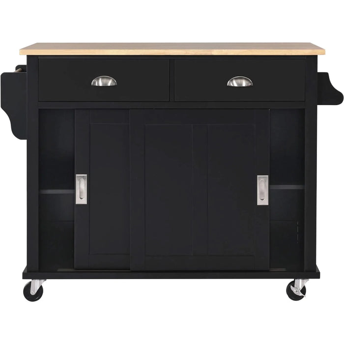 Kitchen Cart with Rubber wood Drop-Leaf Countertop, Concealed sliding barn door adjustable height,Kitchen Island on 4 Wheels with Storage Cabinet and 2 Drawers,L52.2xW30.5xH36.6 inch, Black Default -DTYStore
