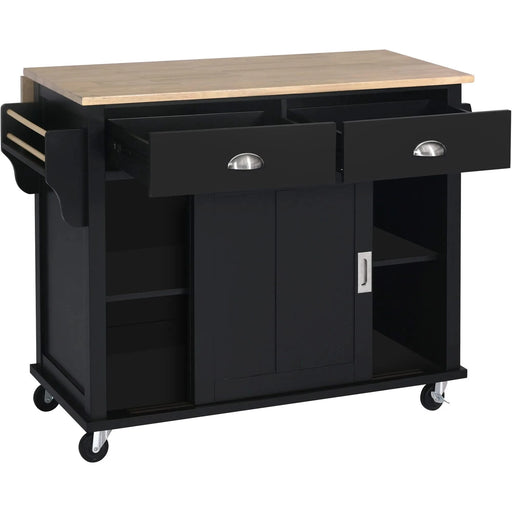 Kitchen Cart with Rubber wood Drop-Leaf Countertop, Concealed sliding barn door adjustable height,Kitchen Island on 4 Wheels with Storage Cabinet and 2 Drawers,L52.2xW30.5xH36.6 inch, Black Default -DTYStore