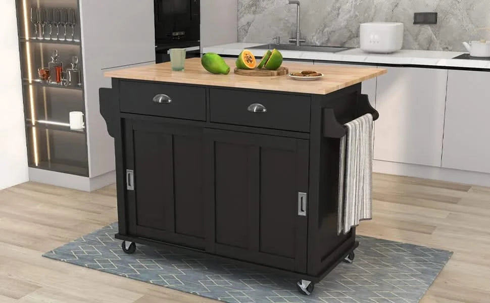 Kitchen Cart with Rubber wood Drop-Leaf Countertop, Concealed sliding barn door adjustable height,Kitchen Island on 4 Wheels with Storage Cabinet and 2 Drawers,L52.2xW30.5xH36.6 inch, Black Default -DTYStore