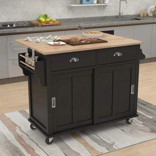 Kitchen Cart with Rubber wood Drop-Leaf Countertop, Concealed sliding barn door adjustable height,Kitchen Island on 4 Wheels with Storage Cabinet and 2 Drawers,L52.2xW30.5xH36.6 inch, Black Default -DTYStore