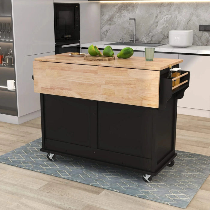 Kitchen Cart with Rubber wood Drop-Leaf Countertop, Concealed sliding barn door adjustable height,Kitchen Island on 4 Wheels with Storage Cabinet and 2 Drawers,L52.2xW30.5xH36.6 inch, Black Default -DTYStore