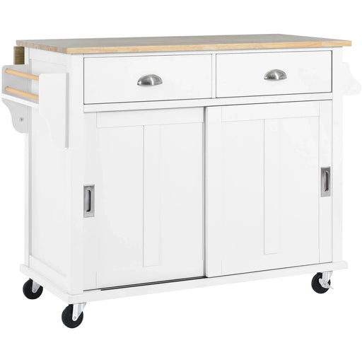 Kitchen Cart with Rubber wood Drop-Leaf Countertop, Concealed sliding barn door adjustable height,Kitchen Island on 4 Wheels with Storage Cabinet and 2 Drawers,L52.2xW30.5xH36.6 inch, White Default -DTYStore