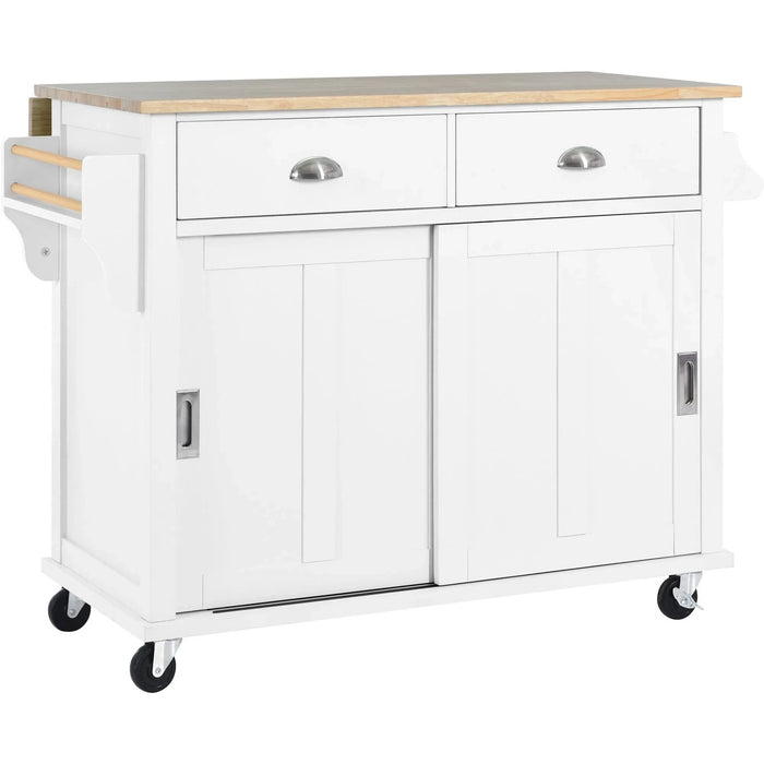 Kitchen Cart with Rubber wood Drop-Leaf Countertop, Concealed sliding barn door adjustable height,Kitchen Island on 4 Wheels with Storage Cabinet and 2 Drawers,L52.2xW30.5xH36.6 inch, White Default -DTYStore