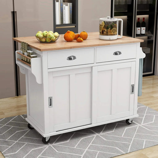 Kitchen Cart with Rubber wood Drop-Leaf Countertop, Concealed sliding barn door adjustable height,Kitchen Island on 4 Wheels with Storage Cabinet and 2 Drawers,L52.2xW30.5xH36.6 inch, White Default -DTYStore