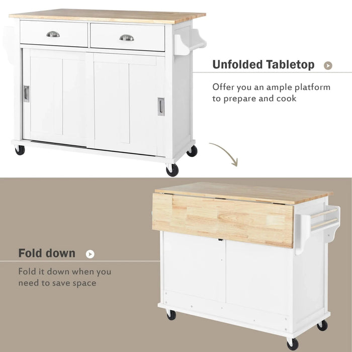 Kitchen Cart with Rubber wood Drop-Leaf Countertop, Concealed sliding barn door adjustable height,Kitchen Island on 4 Wheels with Storage Cabinet and 2 Drawers,L52.2xW30.5xH36.6 inch, White Default -DTYStore