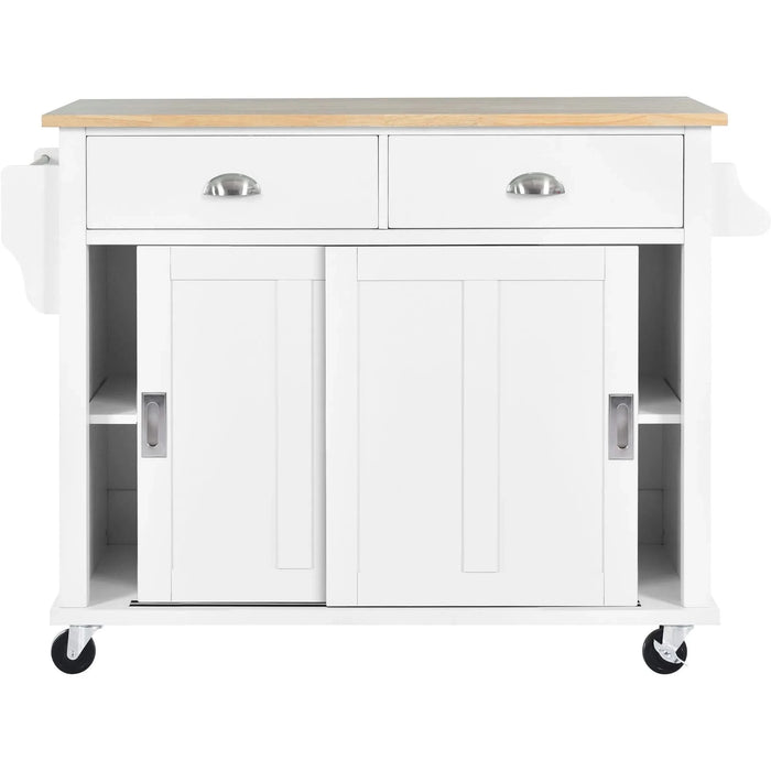 Kitchen Cart with Rubber wood Drop-Leaf Countertop, Concealed sliding barn door adjustable height,Kitchen Island on 4 Wheels with Storage Cabinet and 2 Drawers,L52.2xW30.5xH36.6 inch, White Default -DTYStore