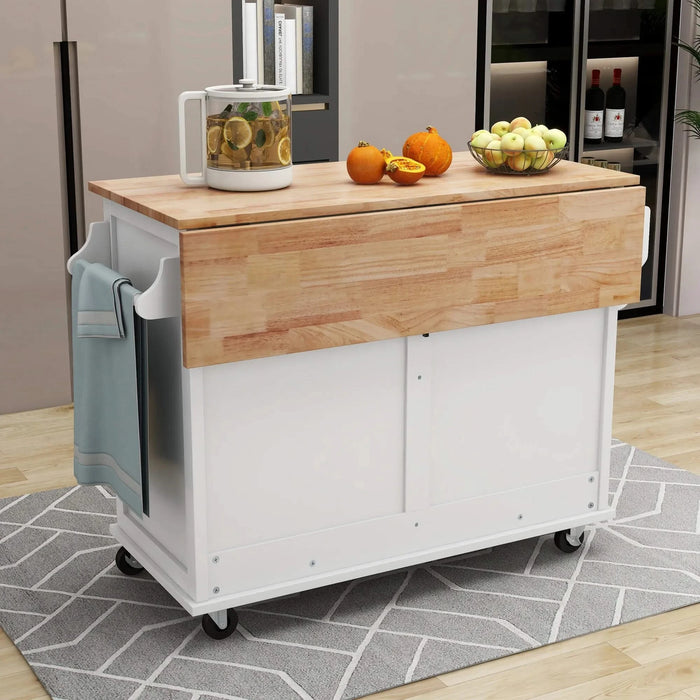Kitchen Cart with Rubber wood Drop-Leaf Countertop, Concealed sliding barn door adjustable height,Kitchen Island on 4 Wheels with Storage Cabinet and 2 Drawers,L52.2xW30.5xH36.6 inch, White Default -DTYStore