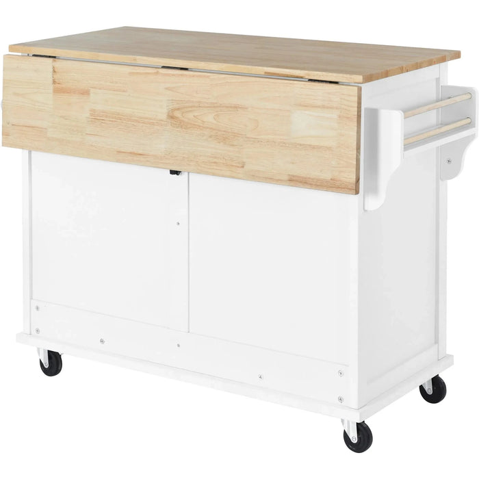 Kitchen Cart with Rubber wood Drop-Leaf Countertop, Concealed sliding barn door adjustable height,Kitchen Island on 4 Wheels with Storage Cabinet and 2 Drawers,L52.2xW30.5xH36.6 inch, White Default -DTYStore