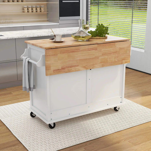 Kitchen Cart with Rubber wood Drop-Leaf Countertop, Concealed sliding barn door adjustable height,Kitchen Island on 4 Wheels with Storage Cabinet and 2 Drawers,L52.2xW30.5xH36.6 inch, White Default -DTYStore