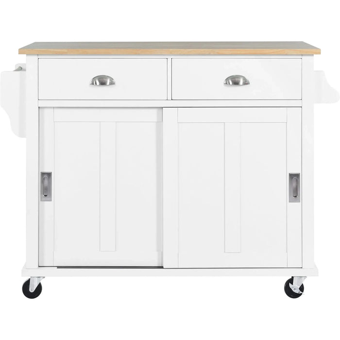 Kitchen Cart with Rubber wood Drop-Leaf Countertop, Concealed sliding barn door adjustable height,Kitchen Island on 4 Wheels with Storage Cabinet and 2 Drawers,L52.2xW30.5xH36.6 inch, White Default -DTYStore